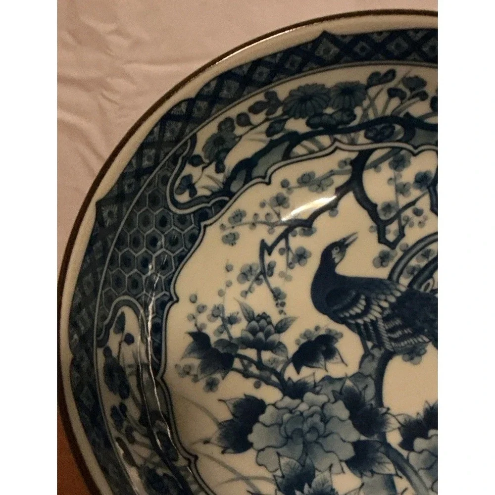 Vintage Blue and White Serving Bowl Made in Japan Peacock w/Cherry Blossoms 8.5